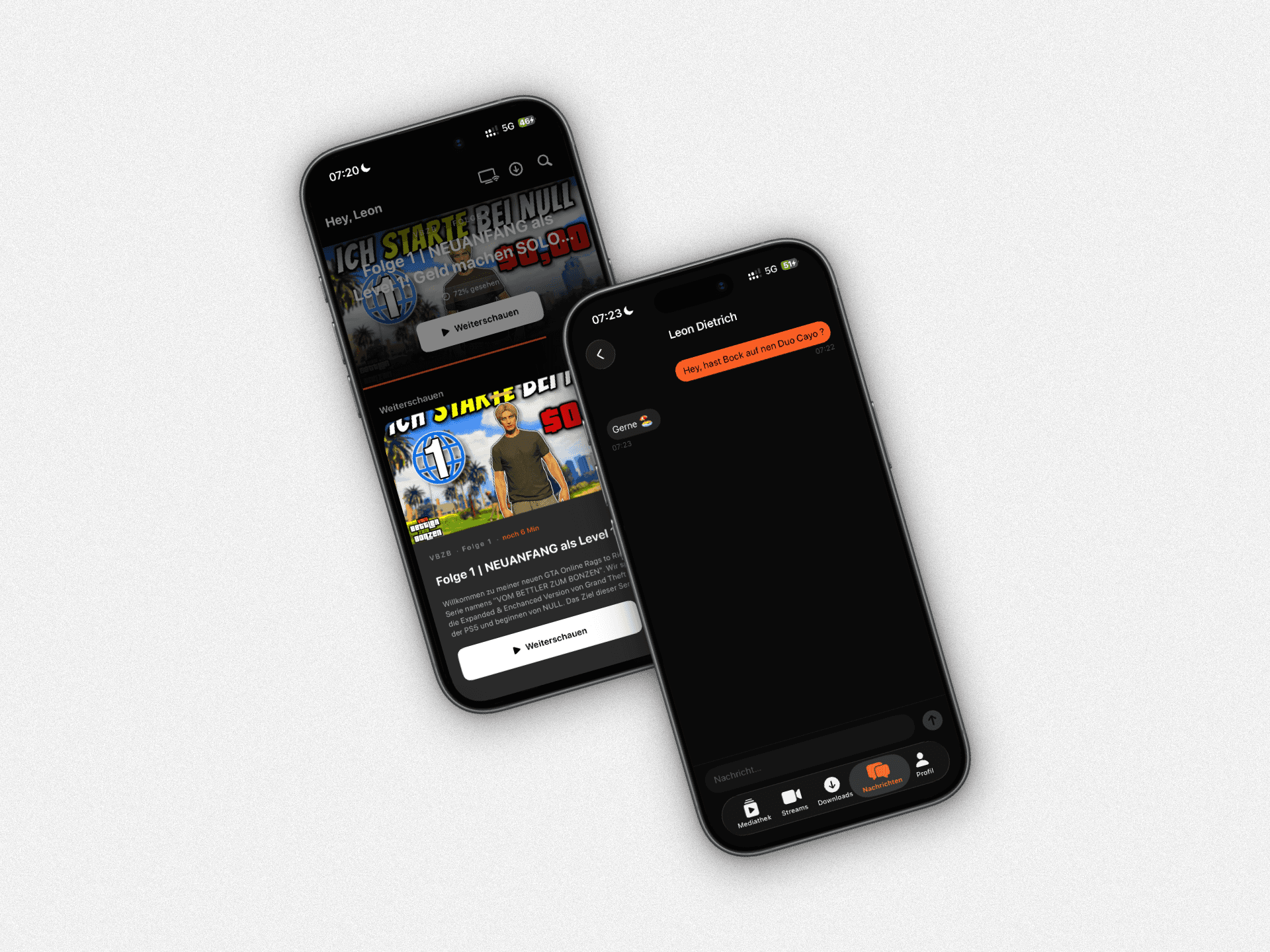 EasyStretcher iOS App — Mediathek und AI Companion auf zwei iPhones
